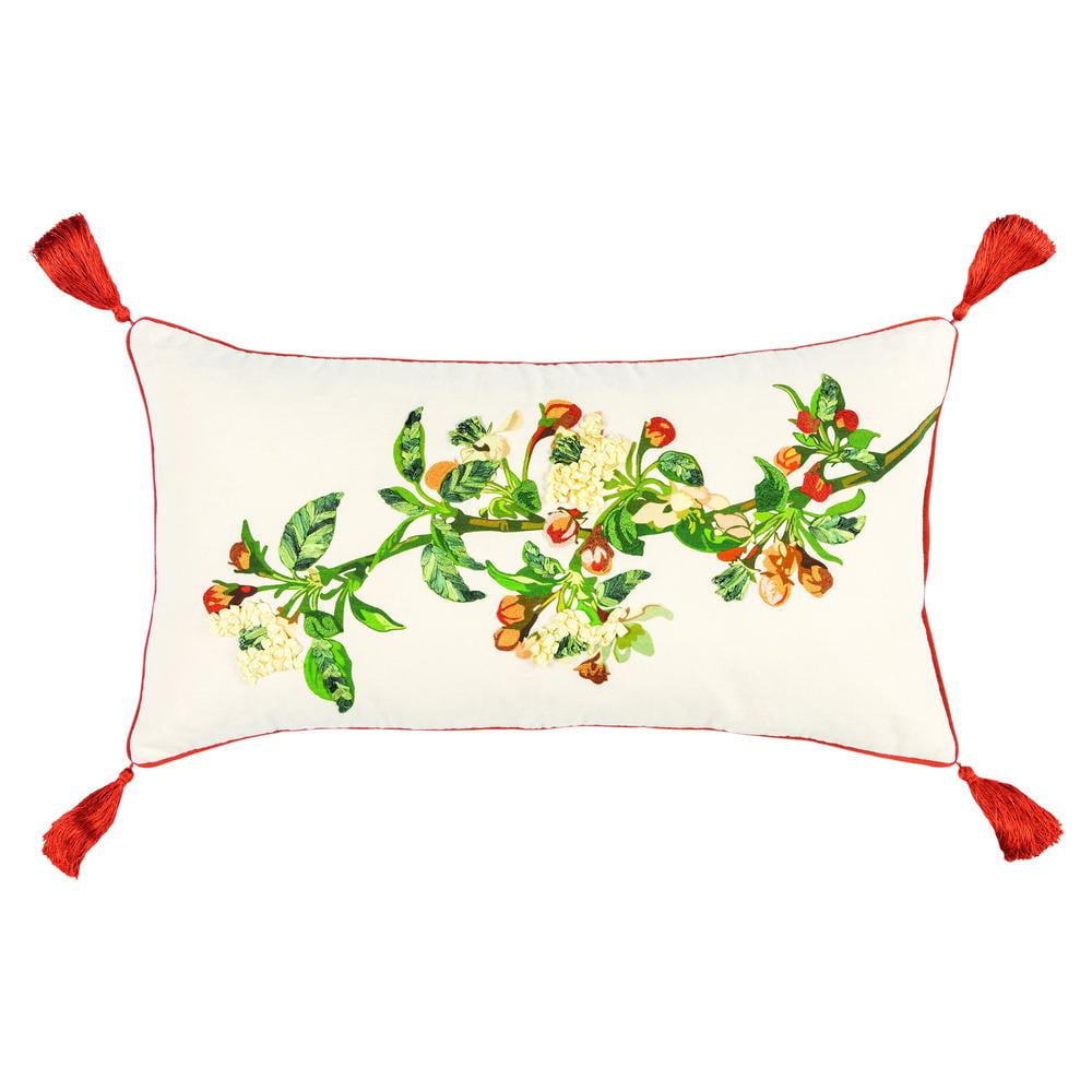 Botanical Embroidered Cotton Lumbar Pillow Cover 14"x26"