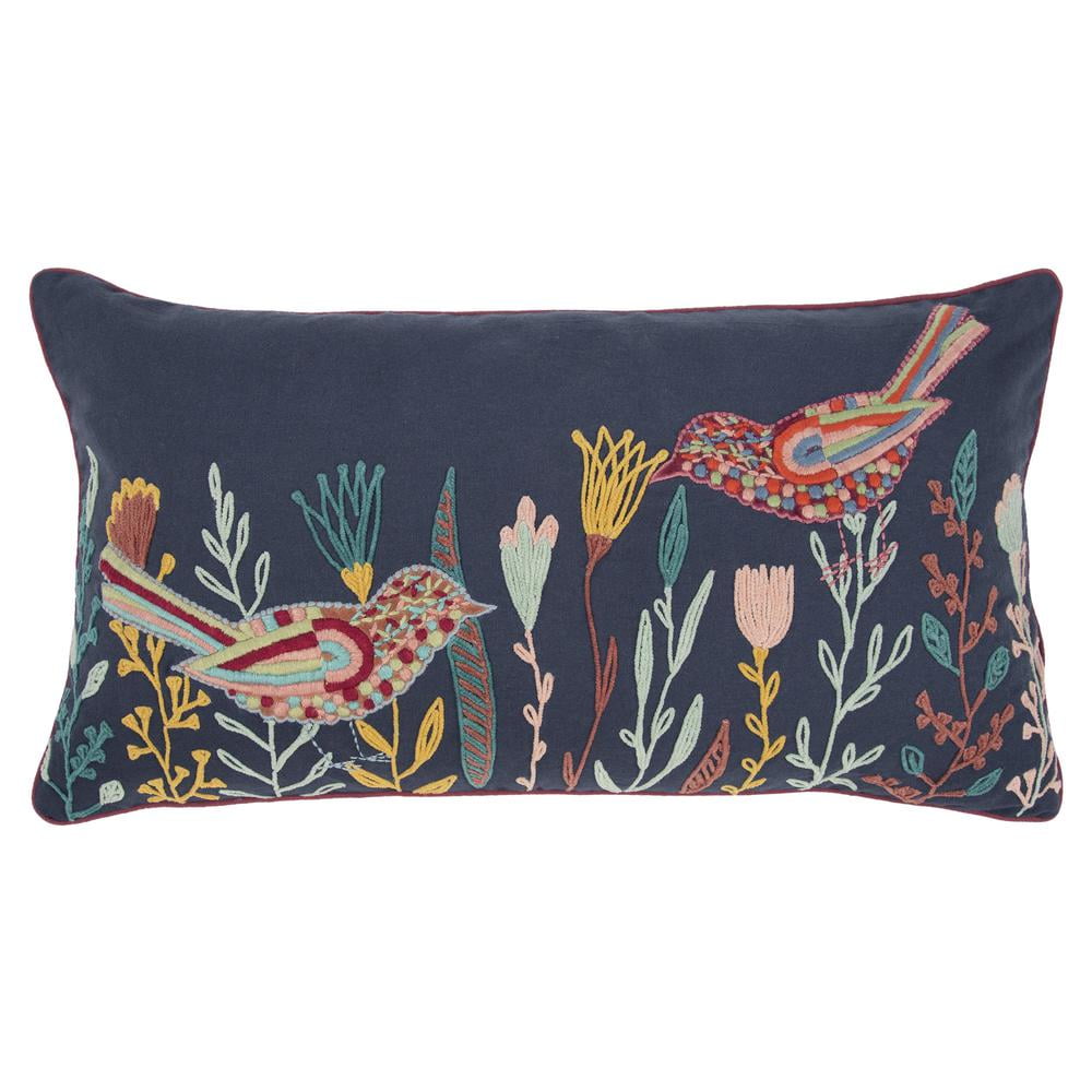 Navy Blue Embroidered Botanical Birds Lumbar Pillow