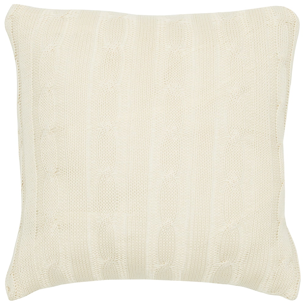 Ivory Cable Knit Cotton Square Throw Pillow with Wooden Buttons