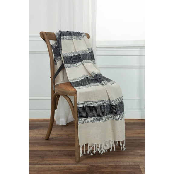 Rizzy Home  Chevron Stripe Hand Loomed Cotton Throw Black/Natural