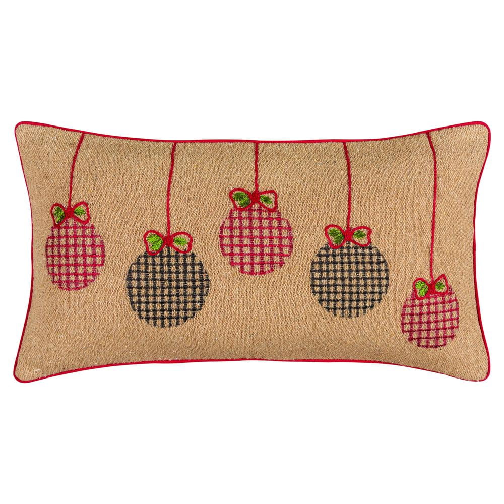 Embroidered Natural Cotton Jute Holiday Throw Pillow