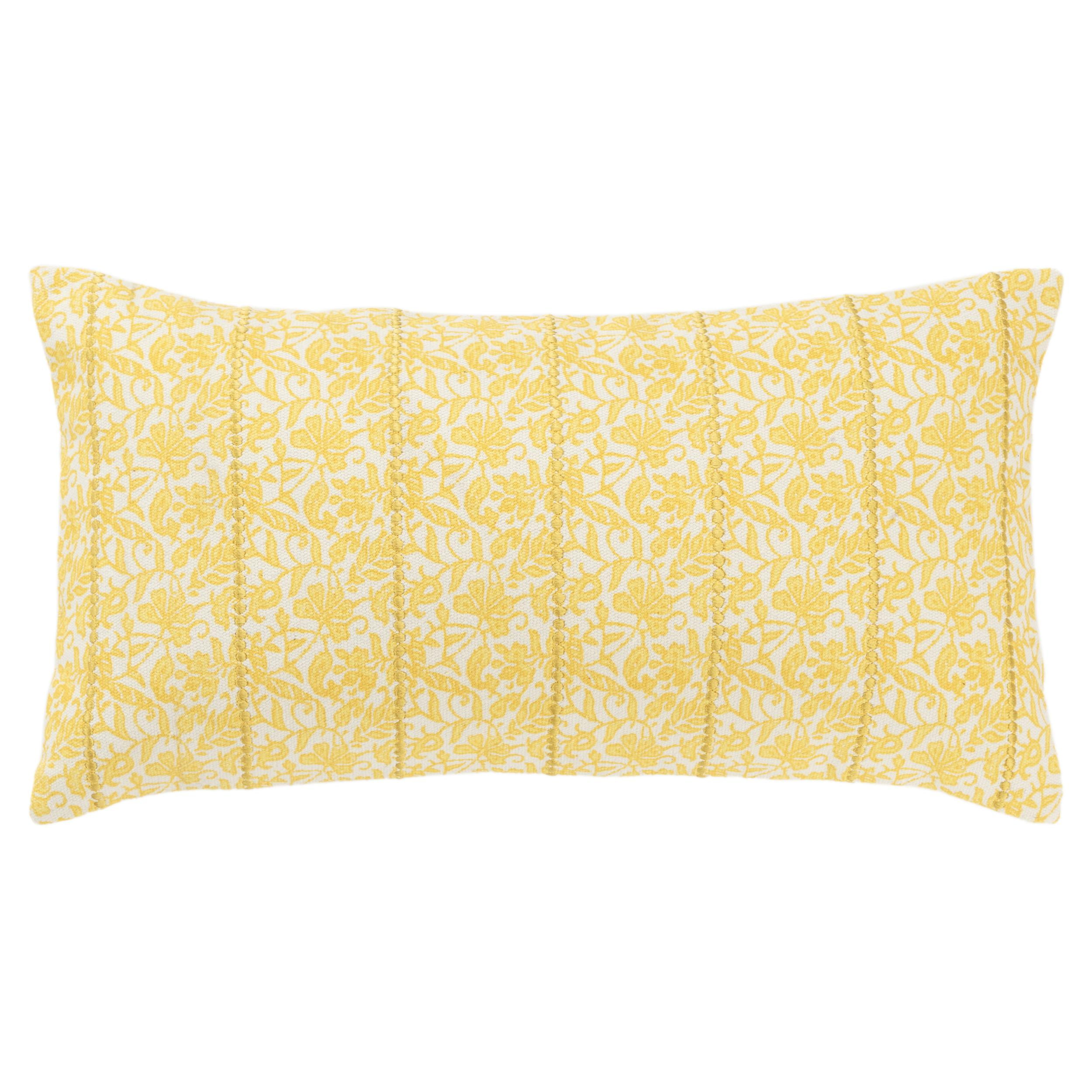 Citron Yellow Botanical Embroidered Cotton Throw Pillow
