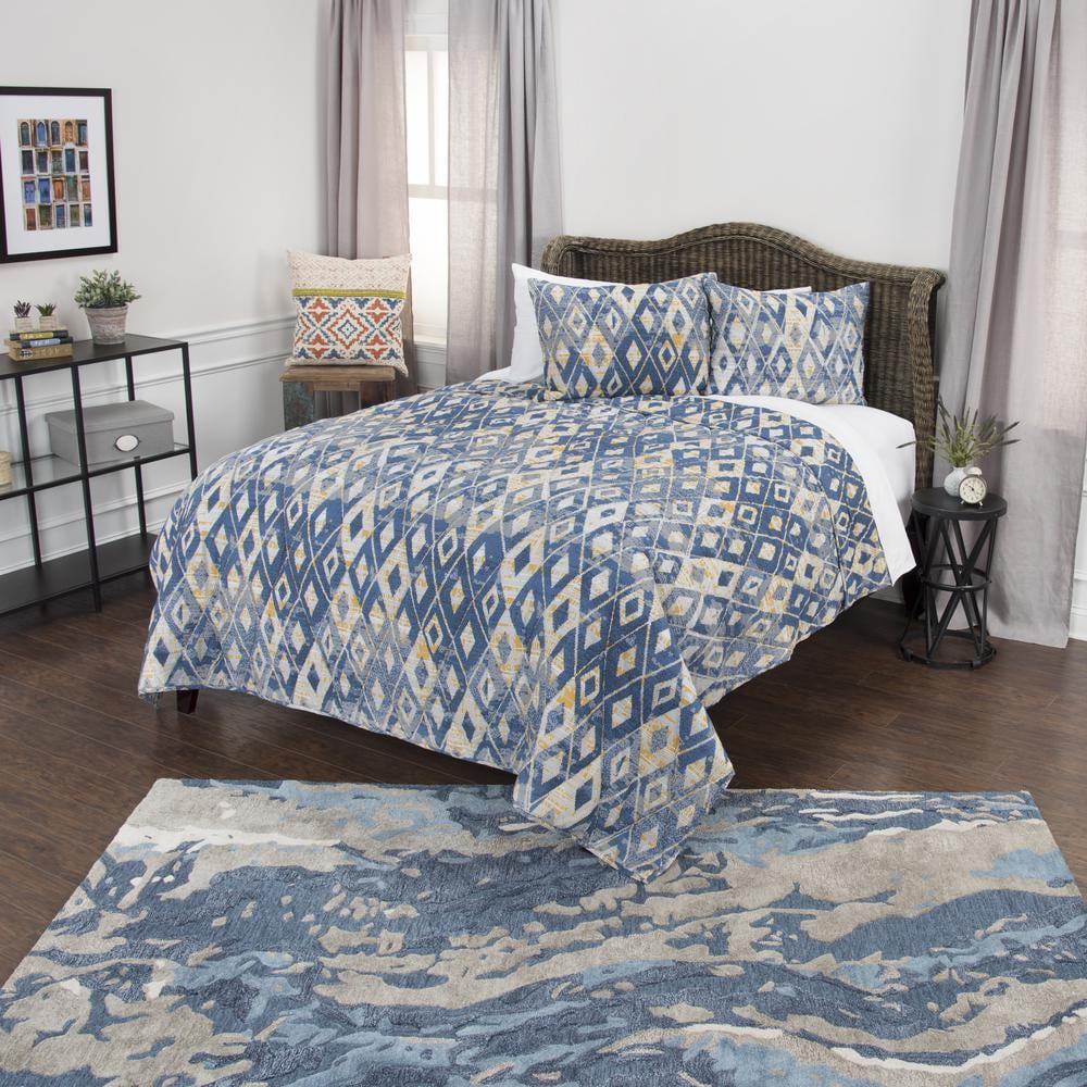 Blue Geometric Cotton Twin Reversible Quilt Set