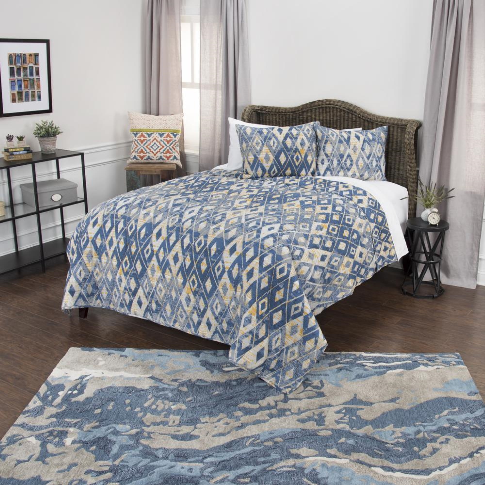 Blue Geometric Cotton Twin Reversible Quilt Set