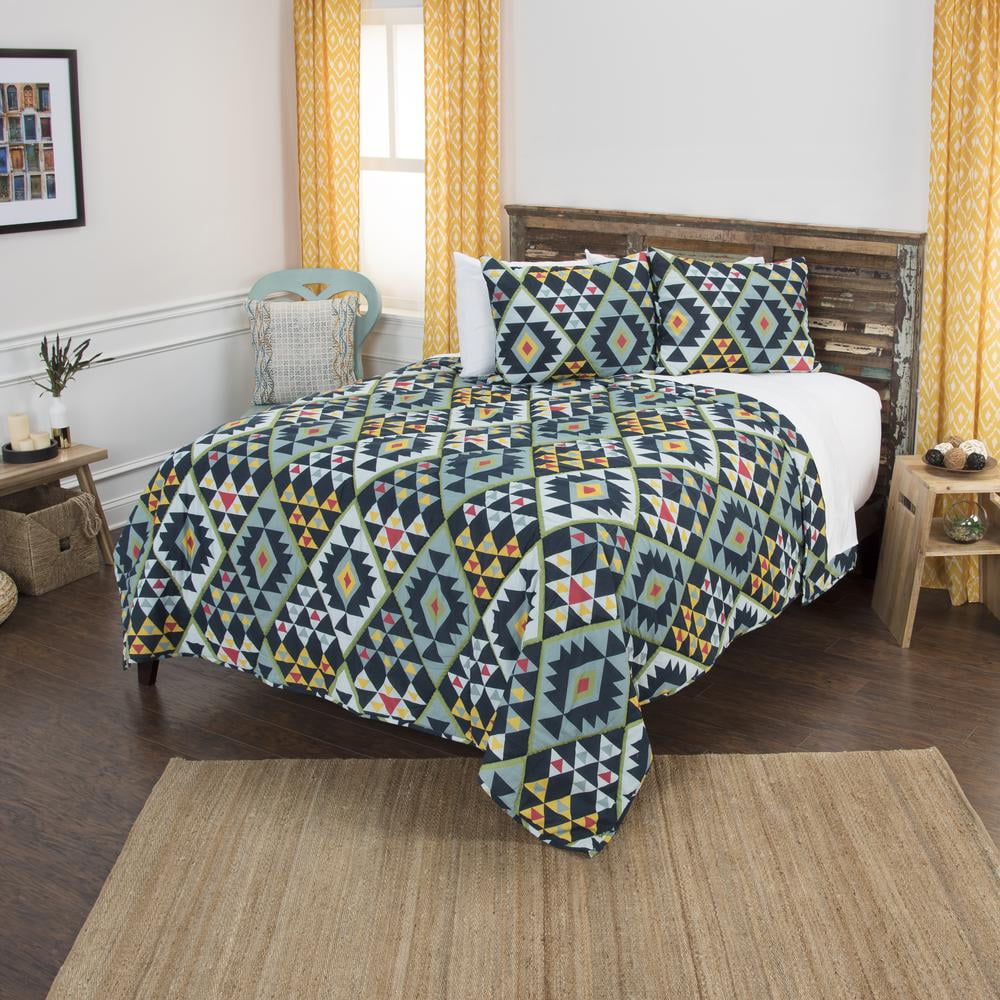 Twin Blue Cotton Geometric Reversible Quilt Set