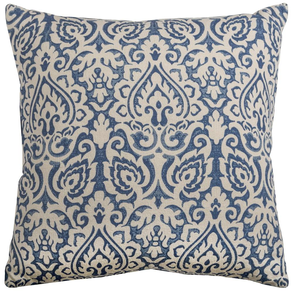 Blue and Natural Cotton Damask Pillow Cover 22" x 22"