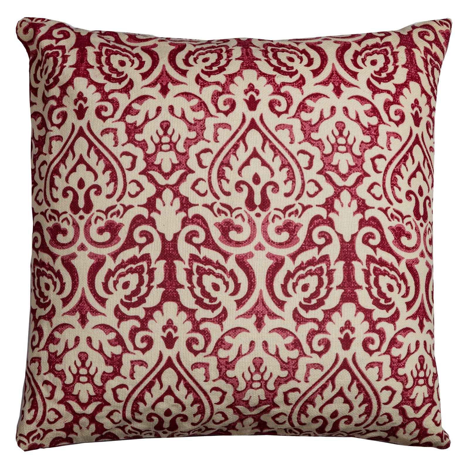 Burgundy and White Cotton Damask Square Throw Pillow