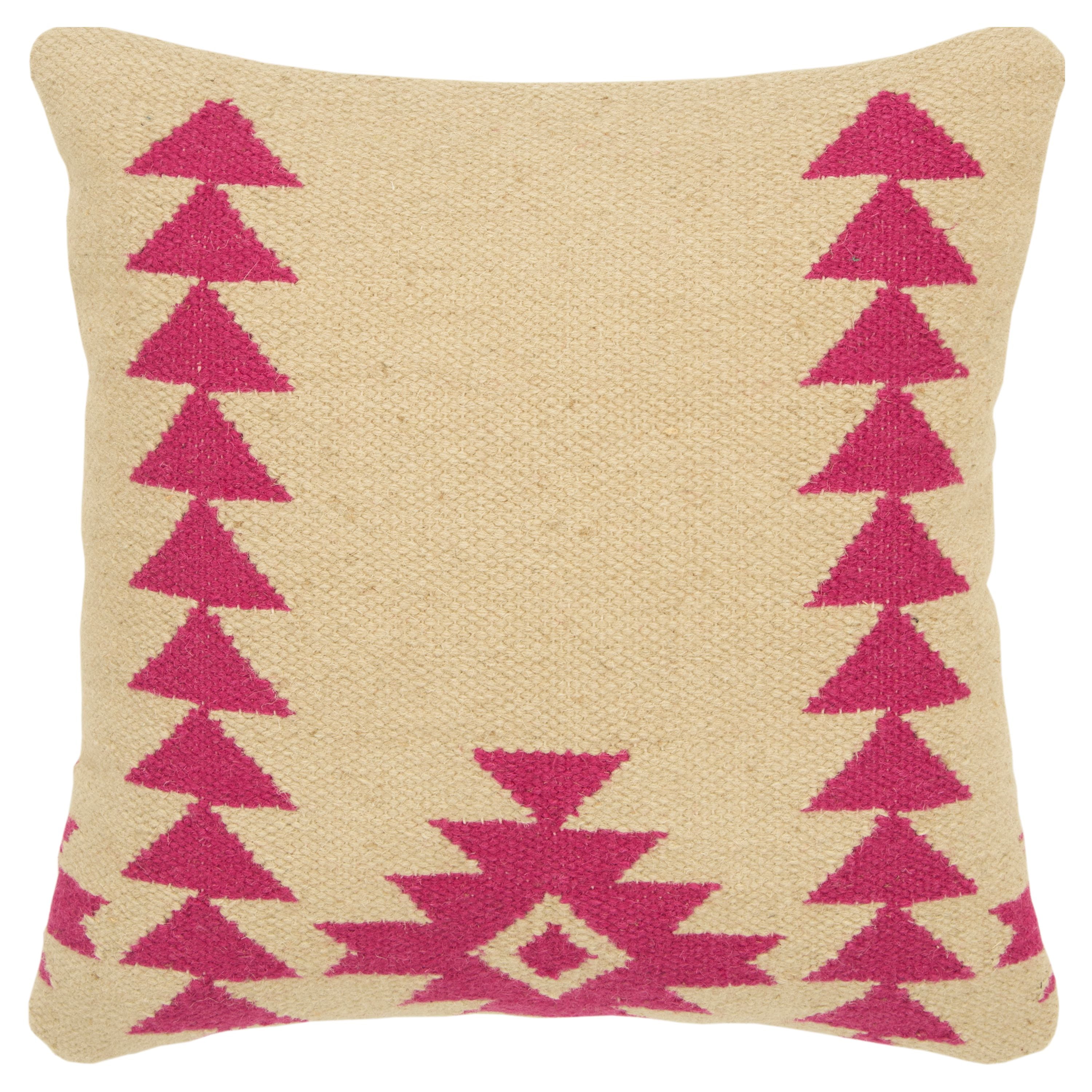 Aztec Motif Pink and Beige Wool Throw Pillow