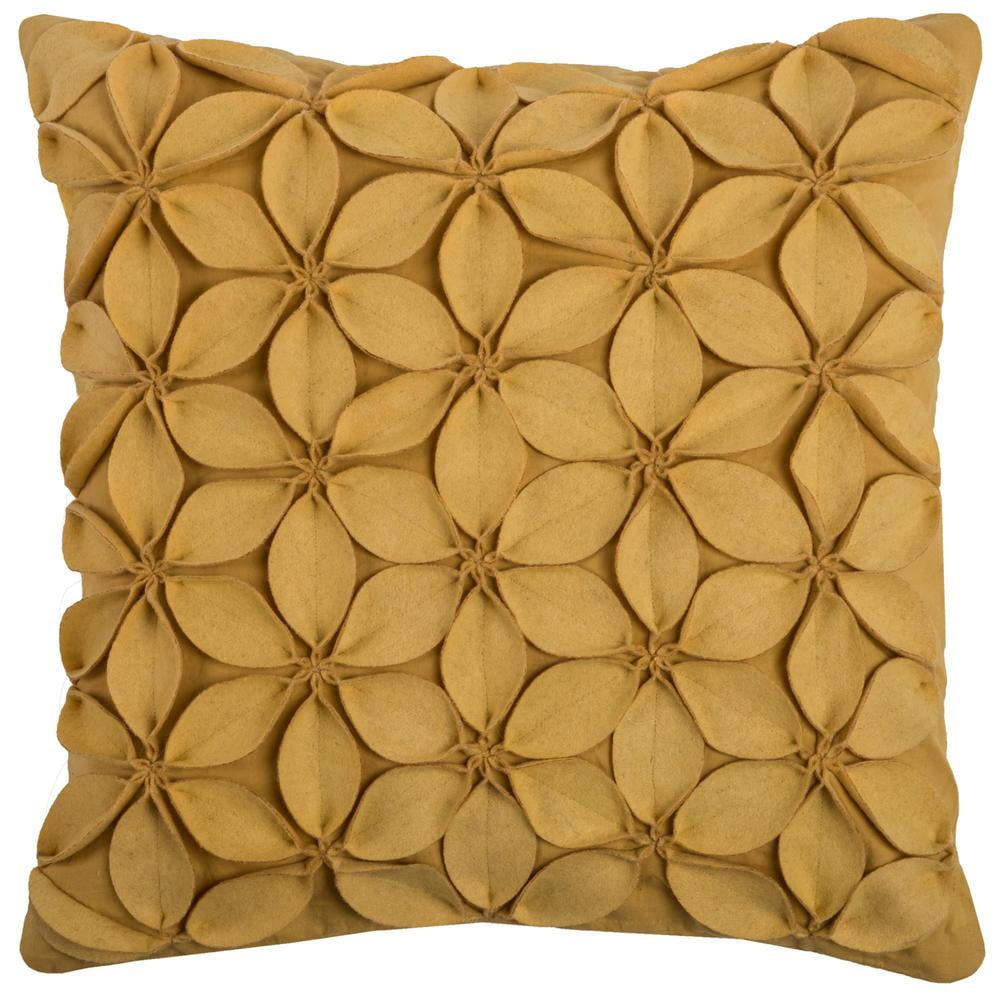 Yellow Wool Cotton Square Floral Applique Pillow 18" x 18"