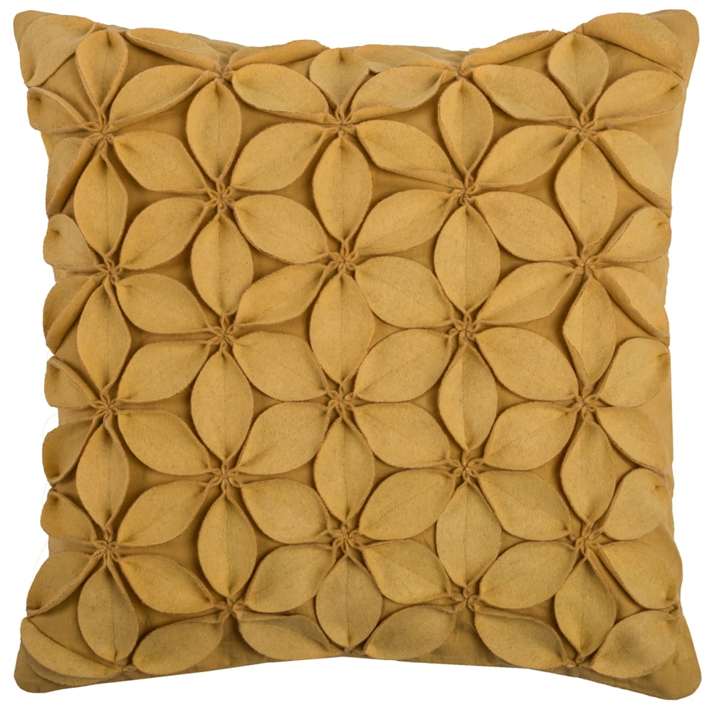 Yellow Wool Cotton Square Floral Applique Pillow 18" x 18"
