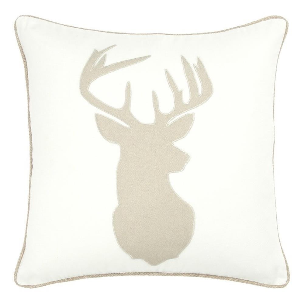 20" x 20" Light Beige Cotton Embroidered Deer Head Pillow Cover