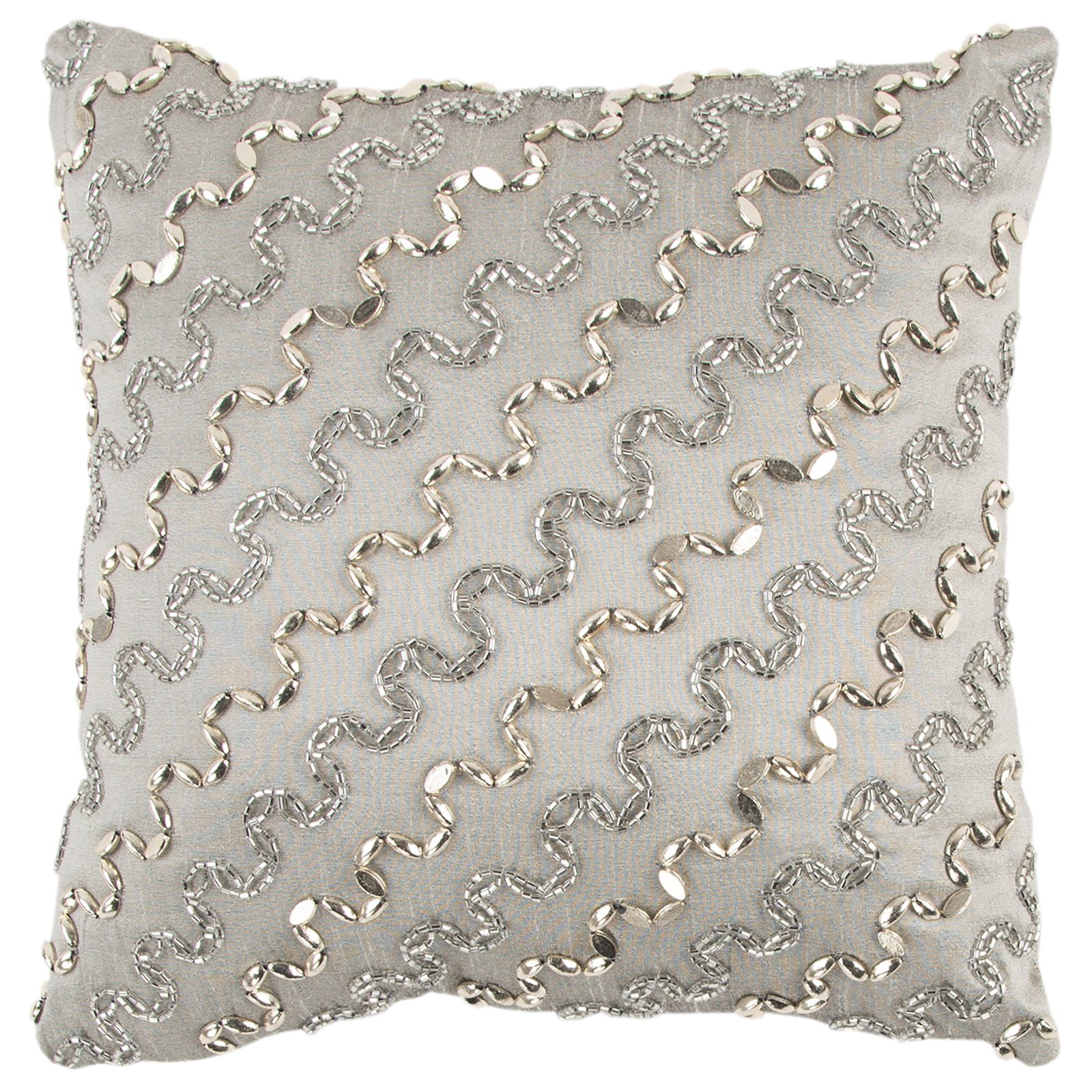 12" x 12" Silver and Light Gray Hand-Beaded Cotton Throw Pillow