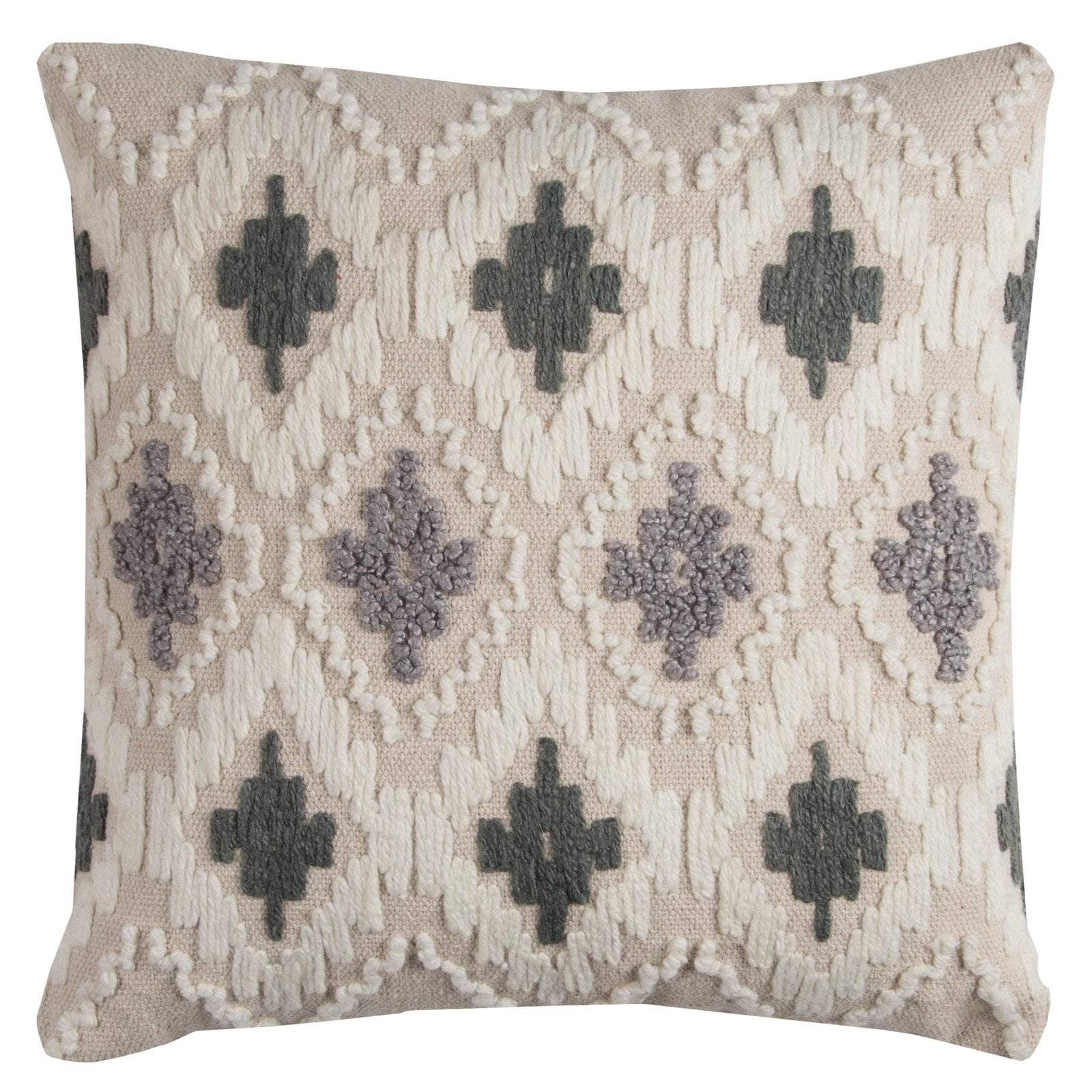 Gray and White Embroidered Cotton Ikat Throw Pillow