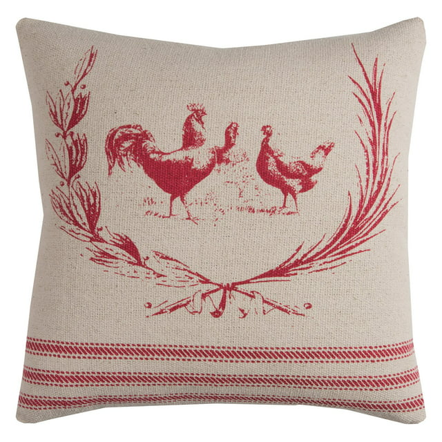Rizzy Home Farmhouse Rooster Cotton With Zipper Closer Decorative Throw Pillow, 20" x 20", Red