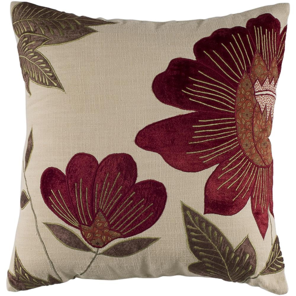 Beige and Red Floral Embroidered Cotton Velvet Pillow 18"