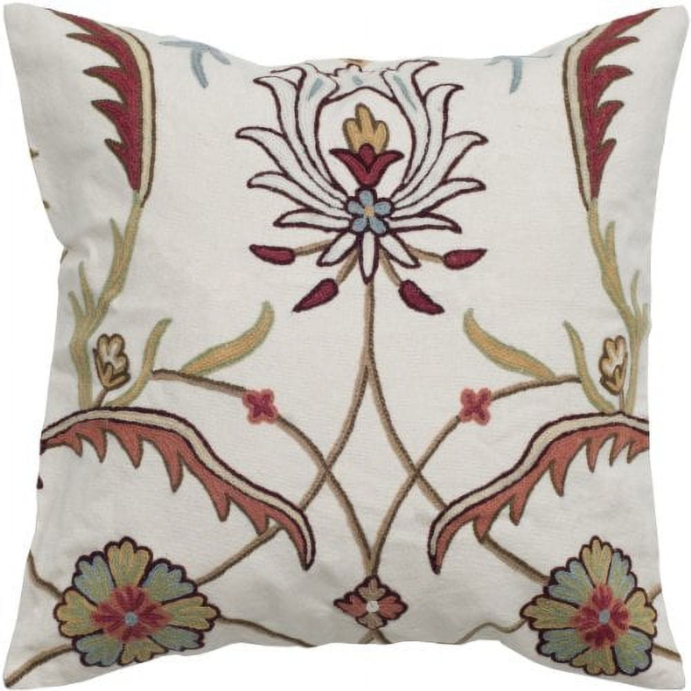 Ivory Floral Embroidered Cotton Square Kids Throw Pillow