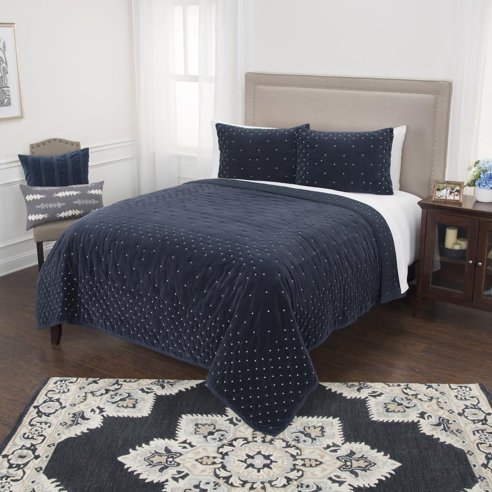 Navy Cotton Velvet Embroidered Standard Sham
