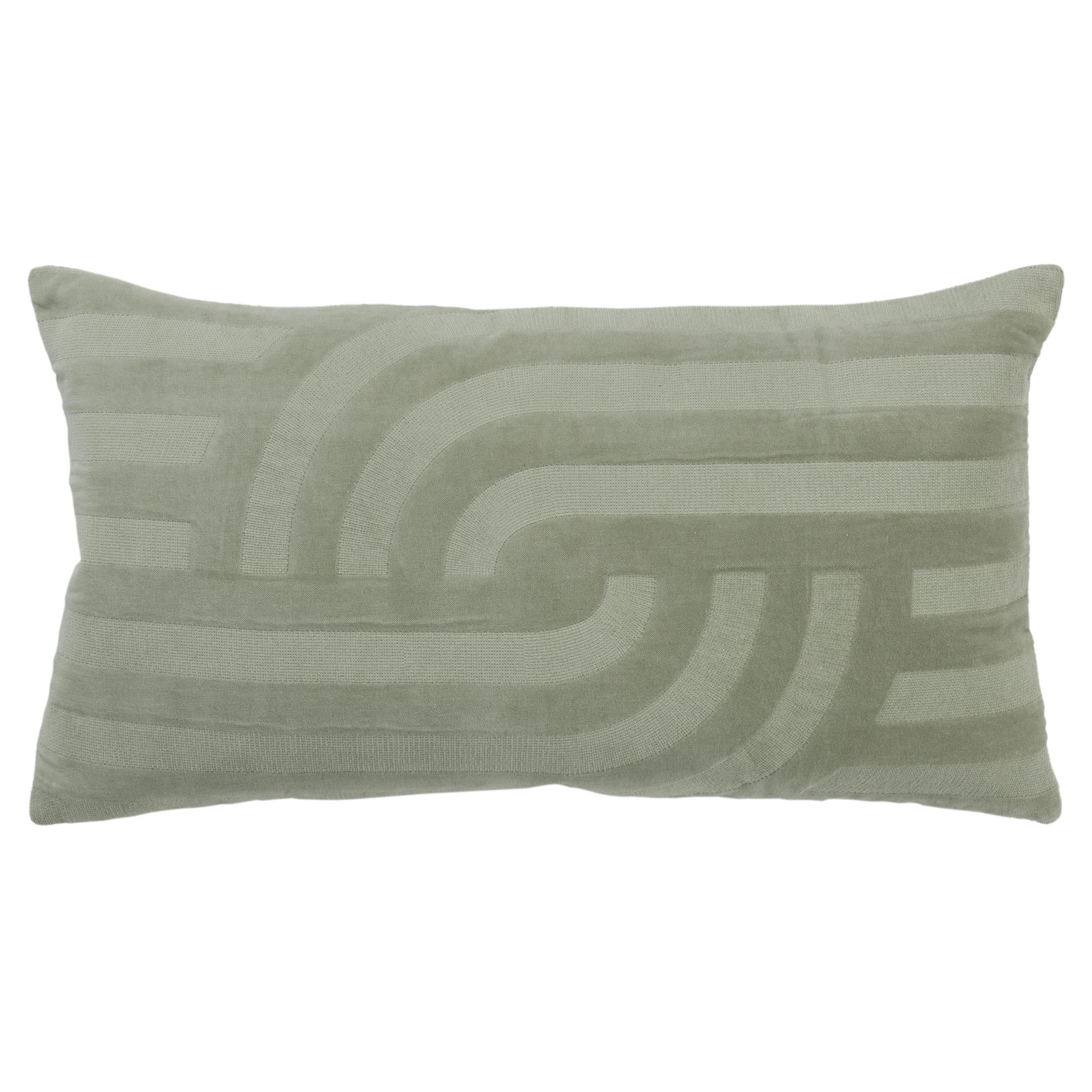 Green Cotton Velvet Embroidered Lumbar Pillow 14"x26"