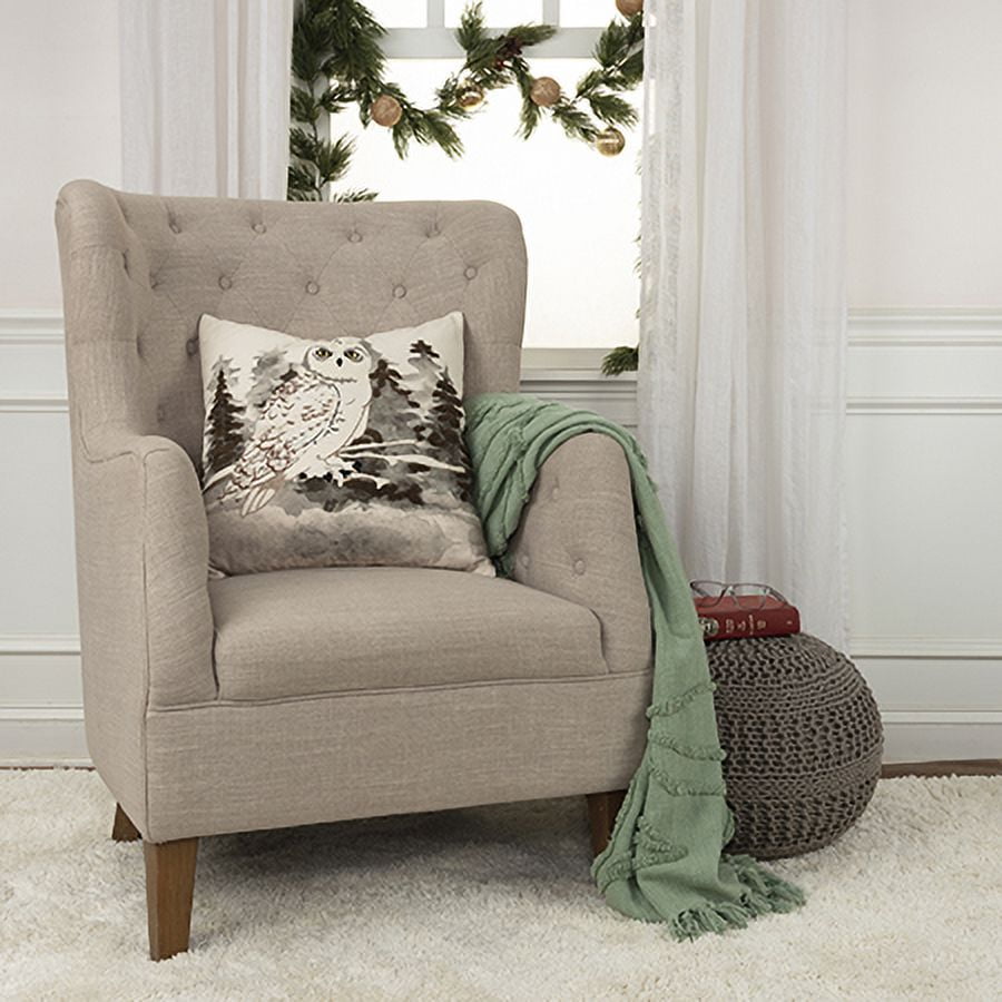 Ivory and Gray Embroidered Cotton Owl Throw Pillow 20" x 20"