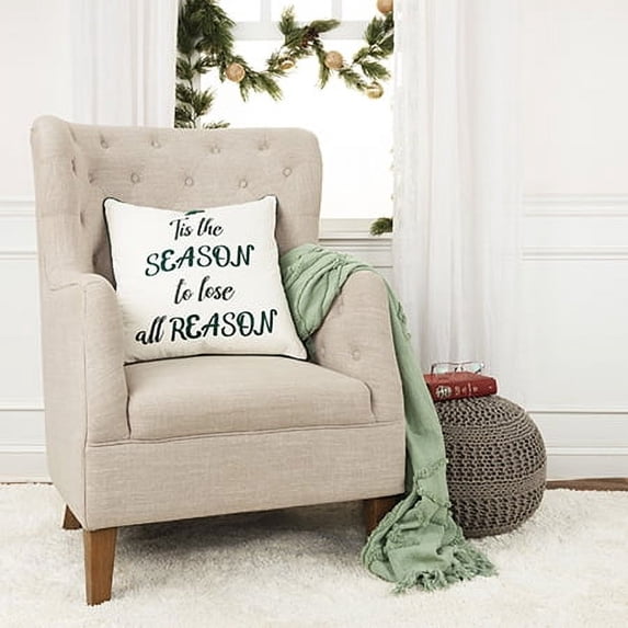 Rizzy Home Holiday Ivory/Green Sentiment - "Tis The Season To Lose All Reason" Cotton 20"x20" Poly Filled Decorative Throw Pillow