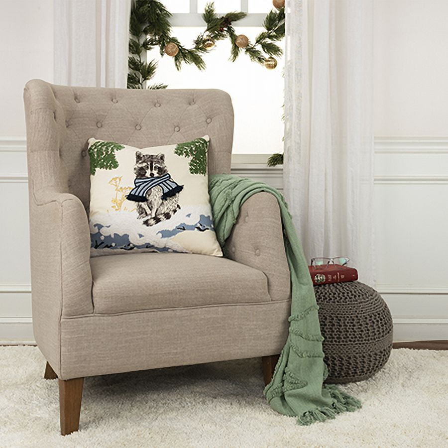 Ivory and Multicolor Embroidered Cotton Holiday Pillow with Raccoon Design