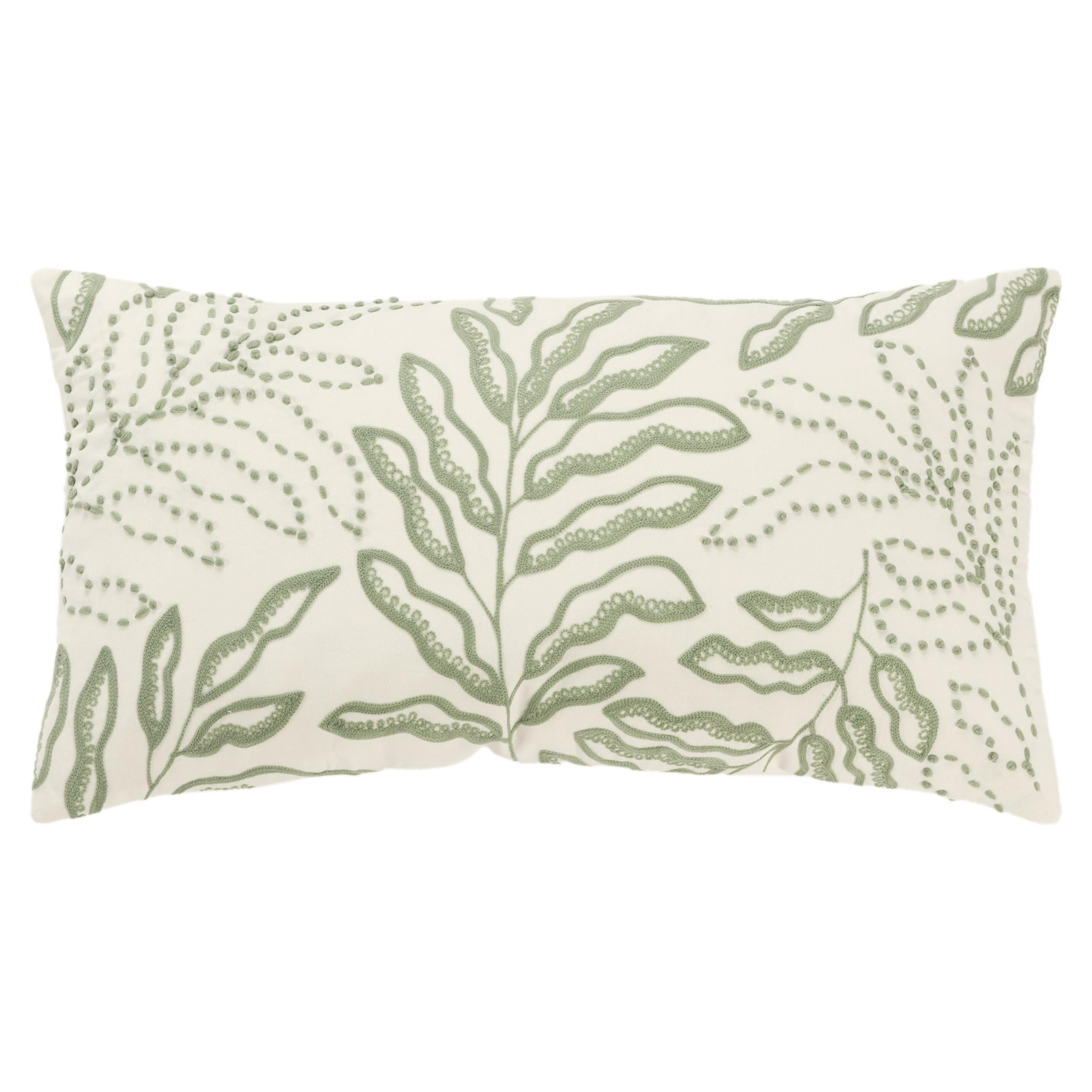 Ivory and Green Botanical Embroidered 14x26 Throw Pillow