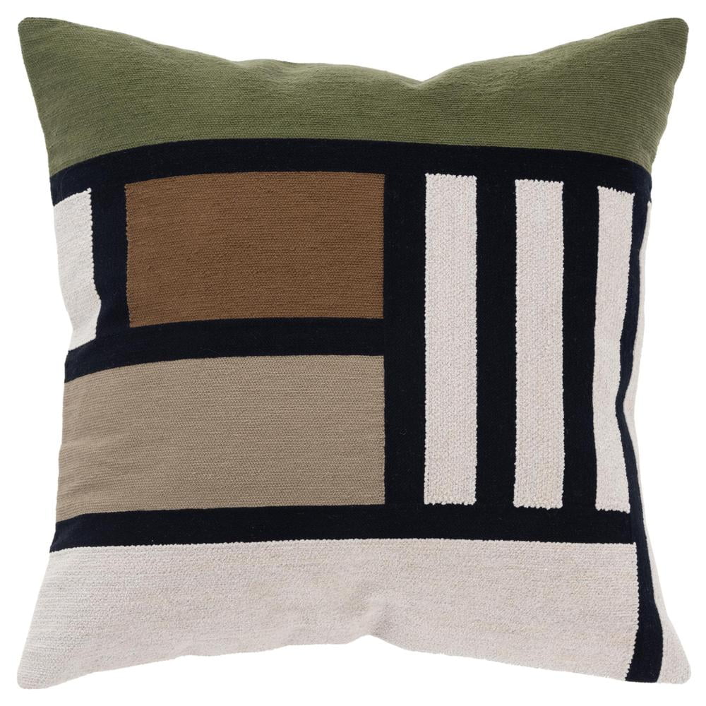 20"x20" Dark Green and Beige Cotton Color Block Square Throw Pillow