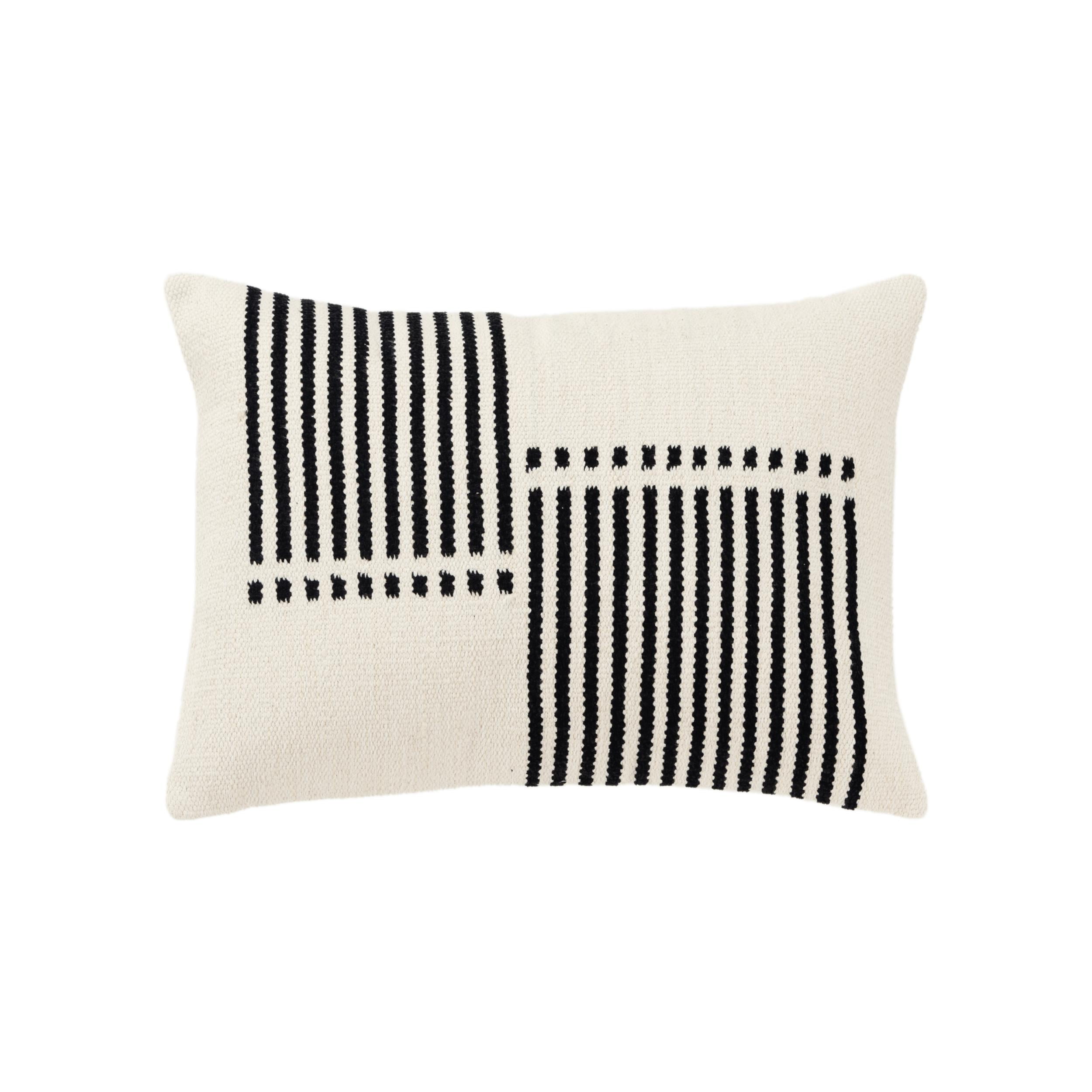 14"x20" Black and Natural Cotton Chenille Striped Lumbar Pillow