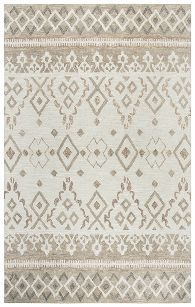 Ivory and Brown Geometric Wool 5' x 8' Area Rug