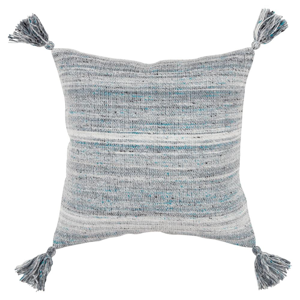 20" Gray and Teal Striped Tassel Throw Pillow