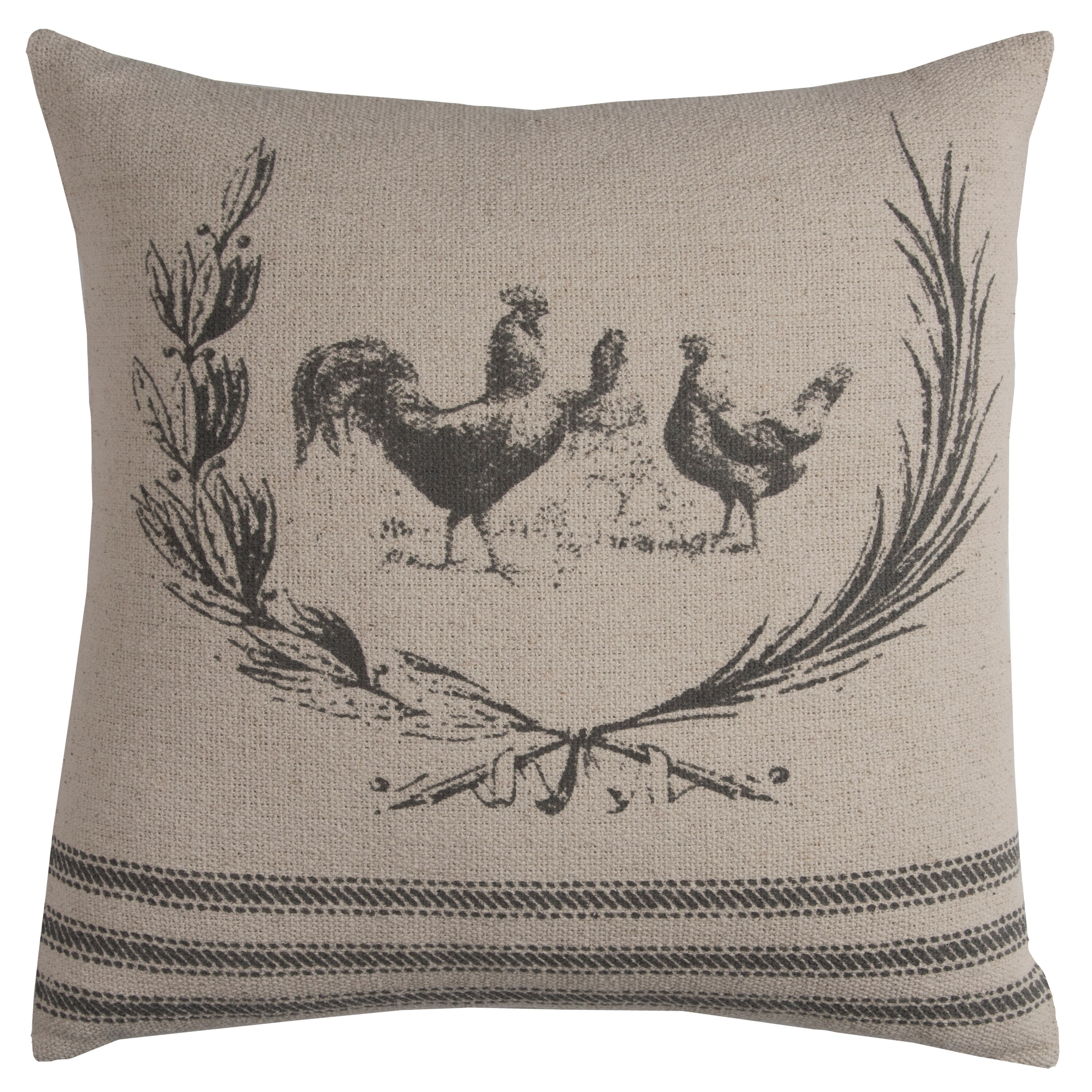 Neutral Embroidered Cotton Rooster Design Throw Pillow