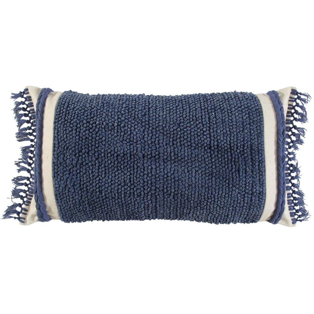 Blue Woven Cotton Rectangular Throw Pillow with Macrame Fringe