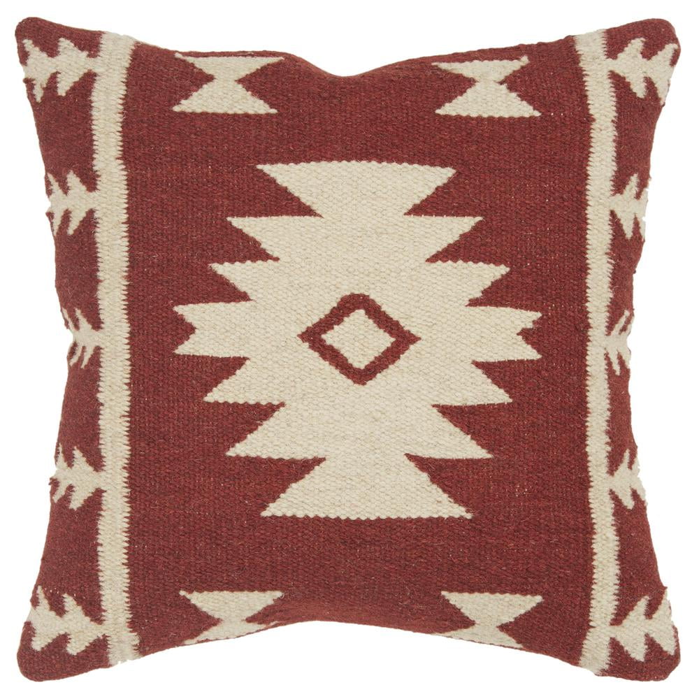 18" Maroon and Ivory Southwestern Wool Throw Pillow