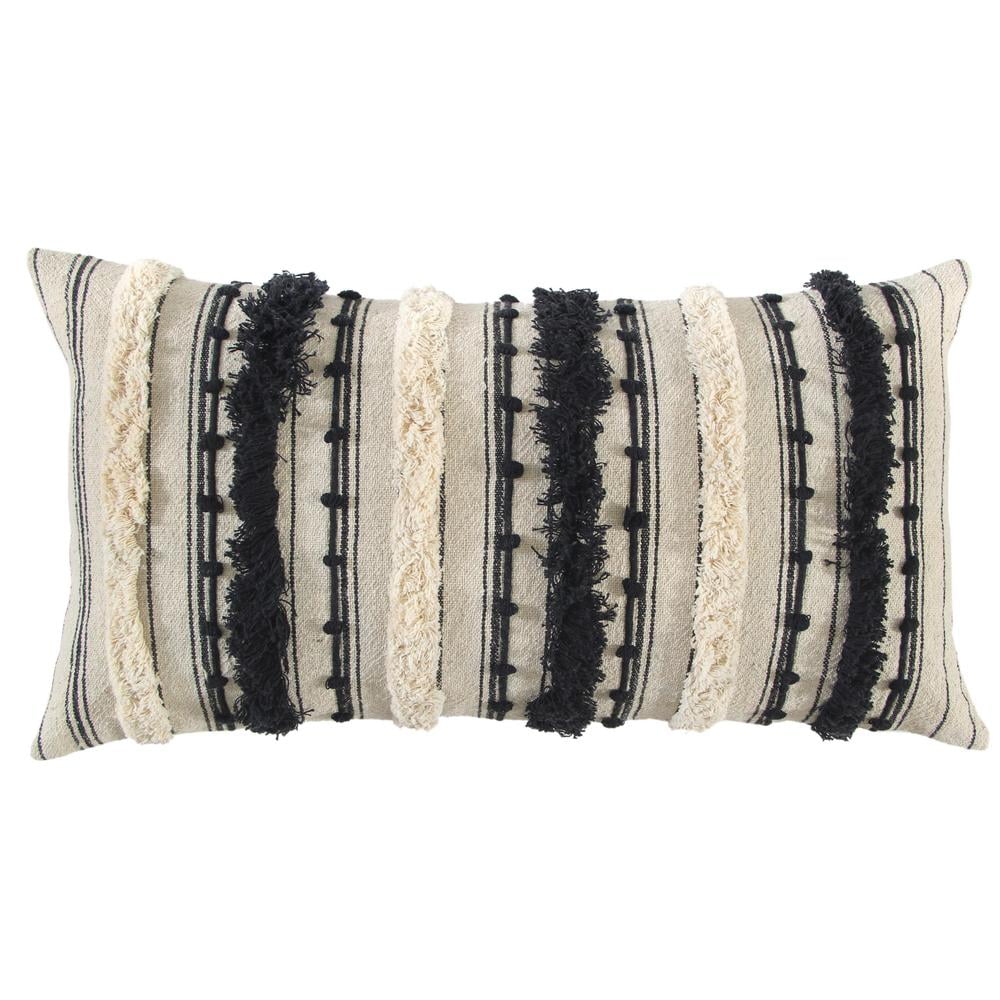 Natural and Black Embroidered Cotton Pillow Cover 14" x 26"