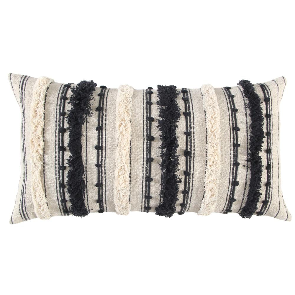 Natural and Black Embroidered Cotton Pillow Cover 14" x 26"