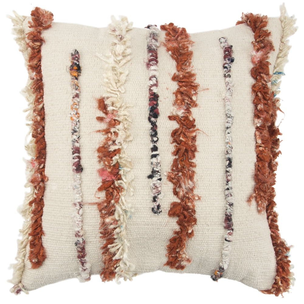 Natural and Rust Wool Pillow Cover with Recycled Sari Fibers