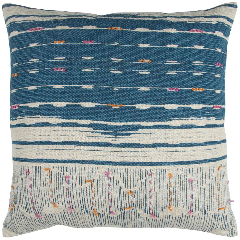 Dark Teal and Natural Cotton Embroidered Square Pillow 22" x 22"