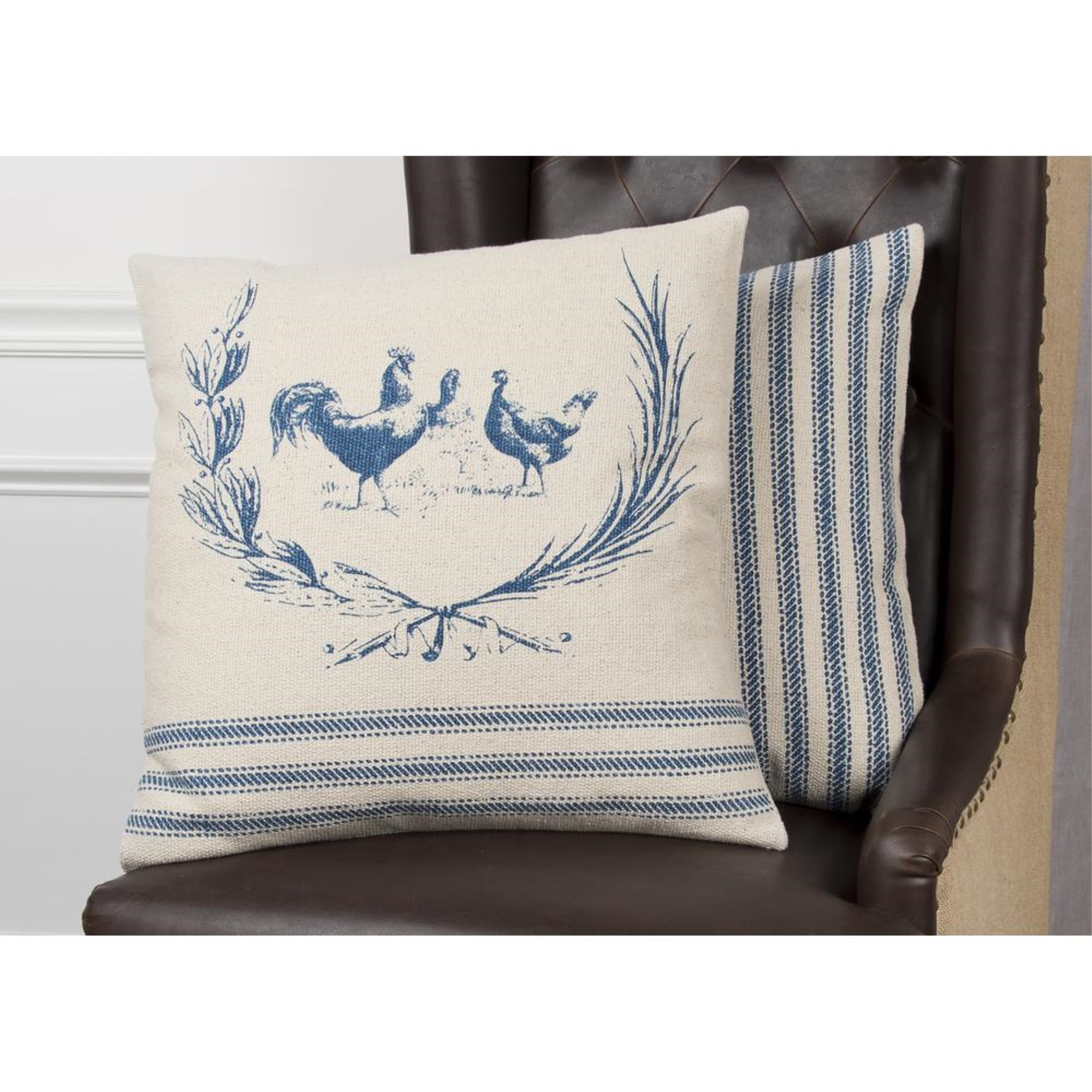 Blue and Natural Cotton Ticking Stripe Decorative Pillow 20" x 20"