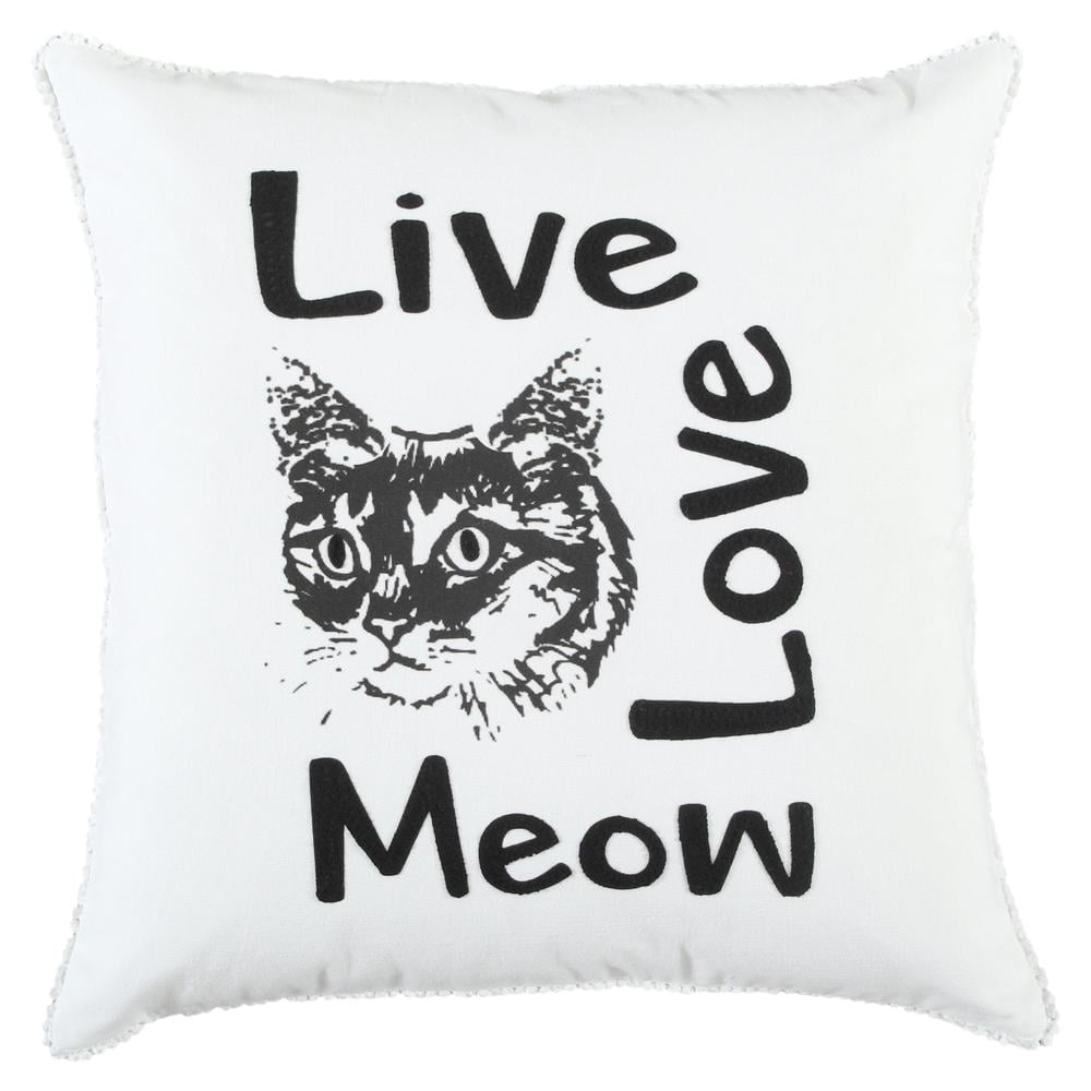 20"x20" White Cotton Embroidered Cat Throw Pillow