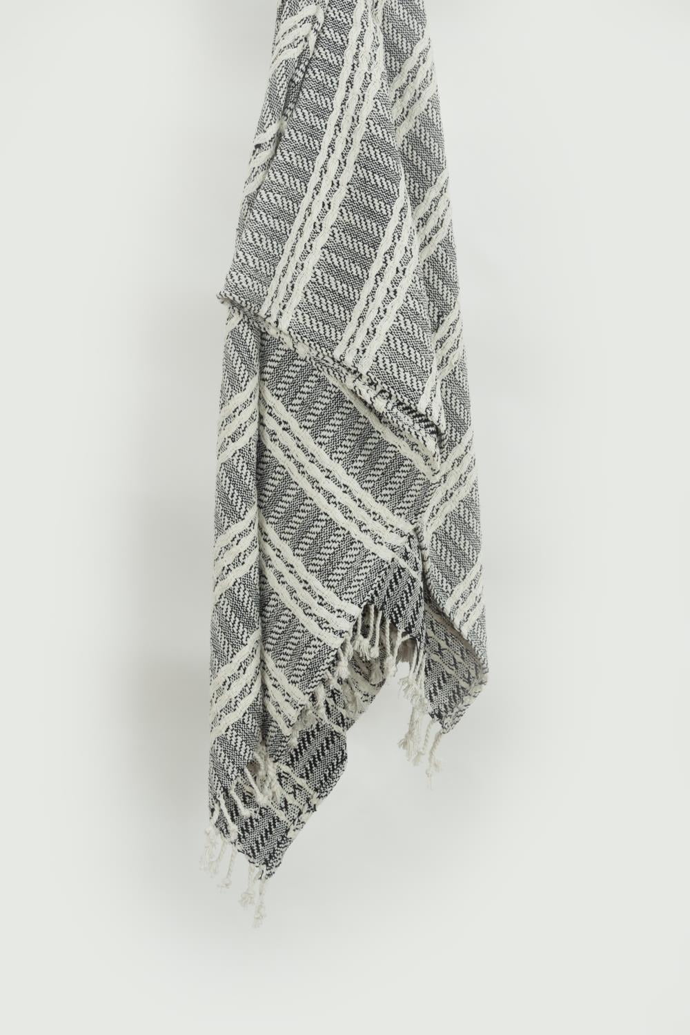 Hand-Loomed Black and Natural Cotton Striped Throw Blanket