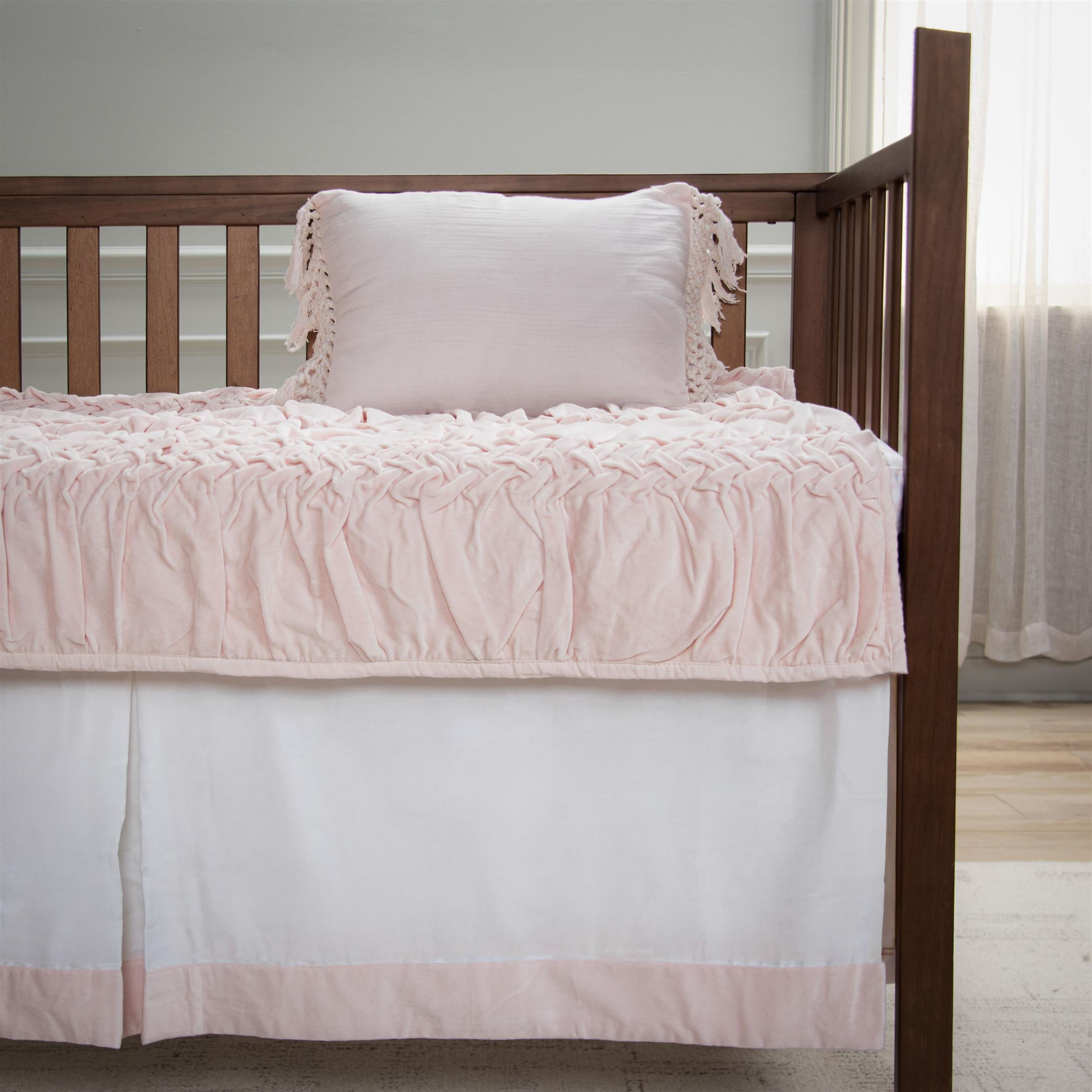 Rizzy Home Velvet Trim26" X 51" Pink Solid Cotton Crib Skirt