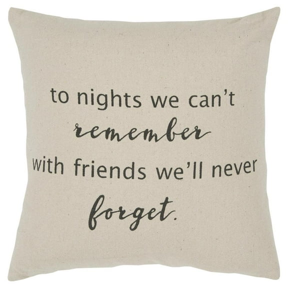 Rizzy Home Word Theme "To Nights We Can't Remember With Friends We'll Never Forget" Cotton Cover Only Decorative Throw Pillow, 20"X20", Natural