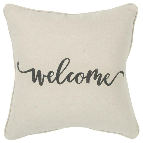 Rizzy Home Word Theme "Welcome" Cotton Decorative Throw Pillow Cover Only, 20"X20", Natural