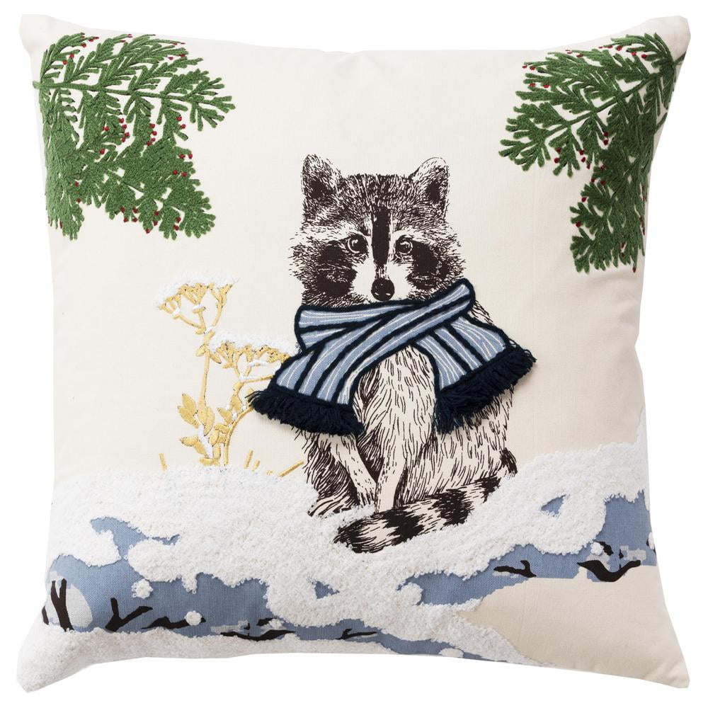 Natural Cotton Duck Holiday Pillow with Embroidered Raccoon Design