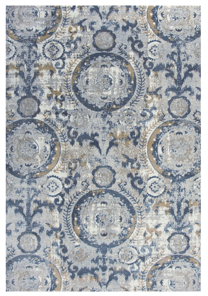 Blue and Beige Rectangular Wool and Synthetic Area Rug