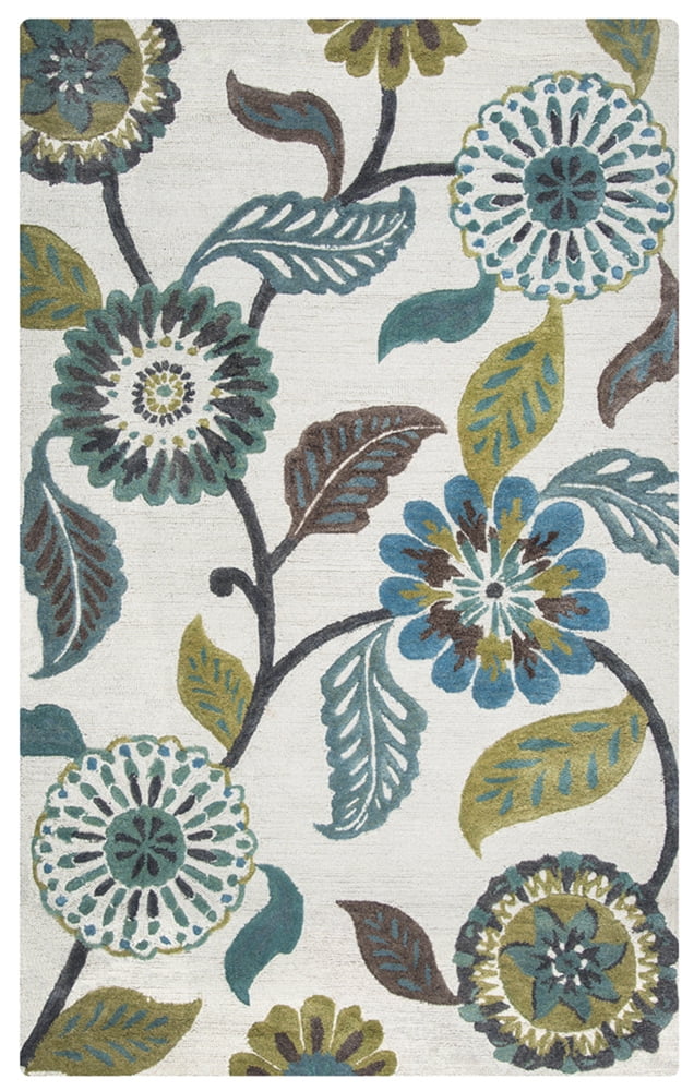 Hand-Tufted Blue and Green Floral Wool Area Rug, 5' x 8'