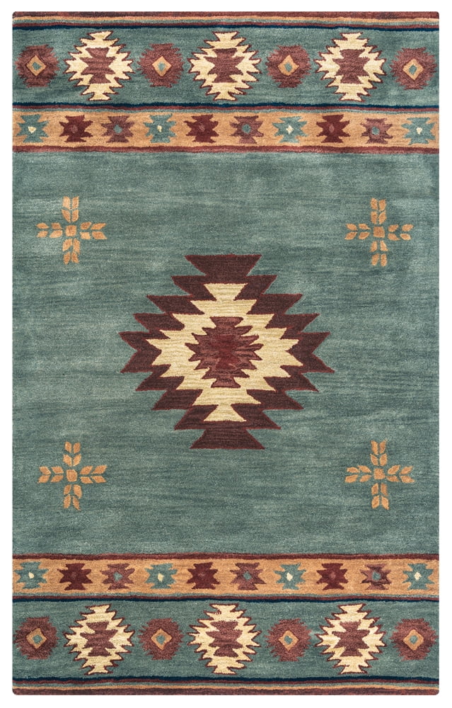 Southwest Geometric Gray and Blue Wool 5' x 8' Area Rug