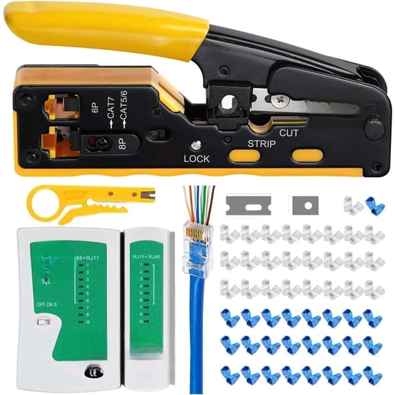 Rj45 Crimp Tool Pass Through Ethernet Crimping Tool kit for 8P-Cat7 Cat6 Cat5 6P Telephone Connector Network Crimp Tool RJ45 Crimper With Cable Tester Covers Connectors Mini Yellow Stripper