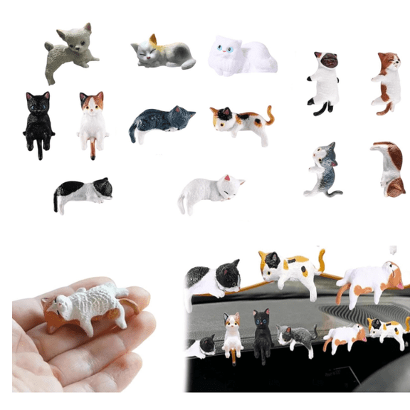 RjnShan 13Pcs Mini Cat Desk Figurines Adorable Handcrafted Kittens for Your Workspace, Cute Mini Cat Figurines Dashboard Decoration, Mini Cat Ornament for Computer Car Monitor Mirror Home Office