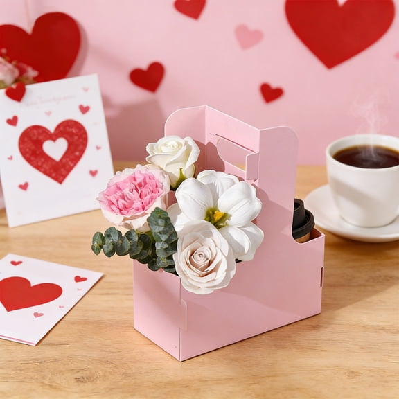 RjnShan Floral Wrap Packing Boxes 10 Pcs Flower Gift Bags Disposable Drink Carrier with Handle for Wedding Party Decor Pink